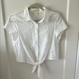 HEART & MOON 100% COTTON Eyelet White Polo Collar Tie-Front Crop Top S COTTAGE